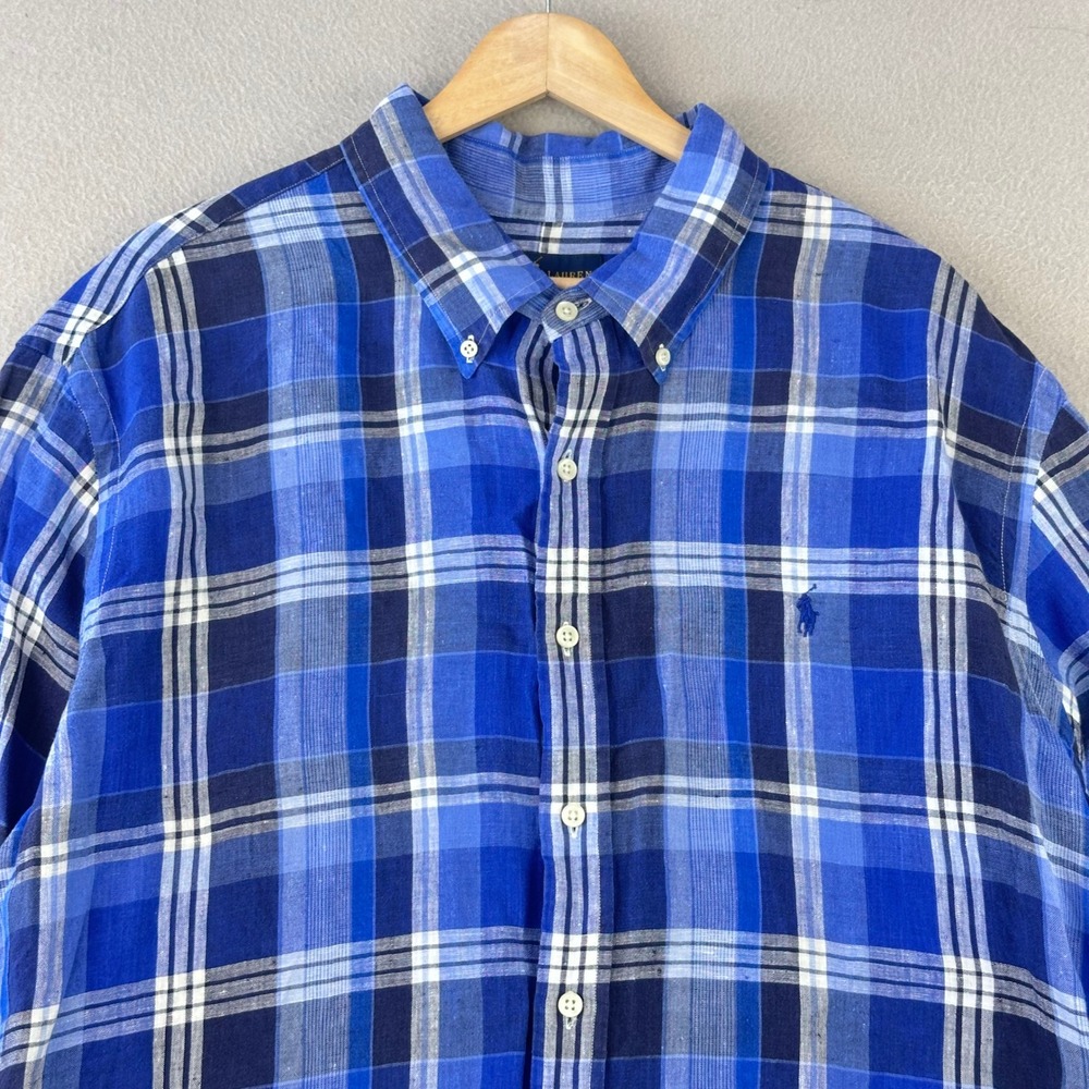 Ralph Lauren Linen Shirt Men XXL Blue Plaid Classic‎ Fit Long Sleeve Preppy Work
